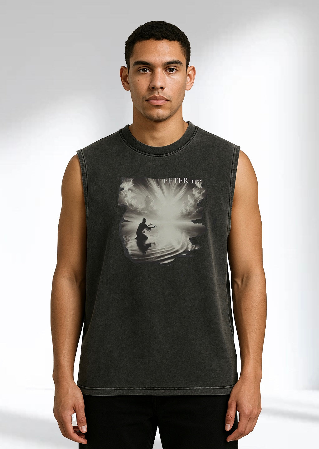 1 Peter 5:7 - Snow Washed Frayed Hem Tank Top
